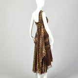 Small 1990s Tadashi Animal Print Dress Brown One Shoulder Asymmetric Hem