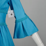 Small 1960s Dress Modest Casual Ruffle Sleeve Blue Maxi