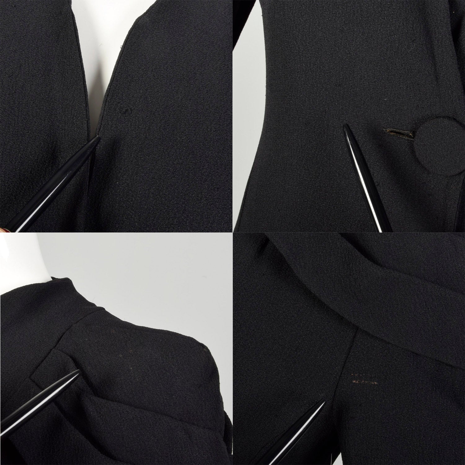 XS 1930s Coat Black Rayon Crepe Long Sleeve Art Deco Pleated Epaulettes