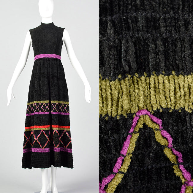 1970s Black Chenille Dress