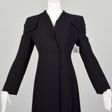 XS 1930s Coat Black Rayon Crepe Long Sleeve Art Deco Pleated Epaulettes