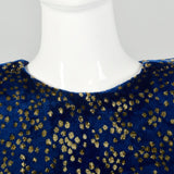 Medium 1980s Blue Velvet Cocktail Dress Long Sleeve Gold Eyelash Lame