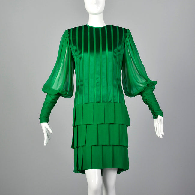 Small Galanos 1980s Emerald Green Silk Dress