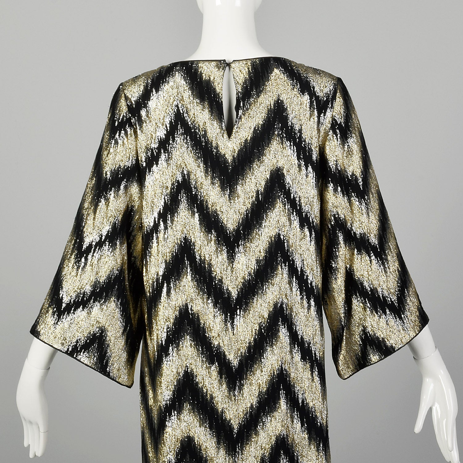 Small 1970s Metallic Kaftan Wide Sleeve Flowy Gold and Black Maxi Dress