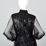 1970s Oscar de la Renta Sequined Jumpsuit with Low V Neckline & Sheer Mesh Overskirt