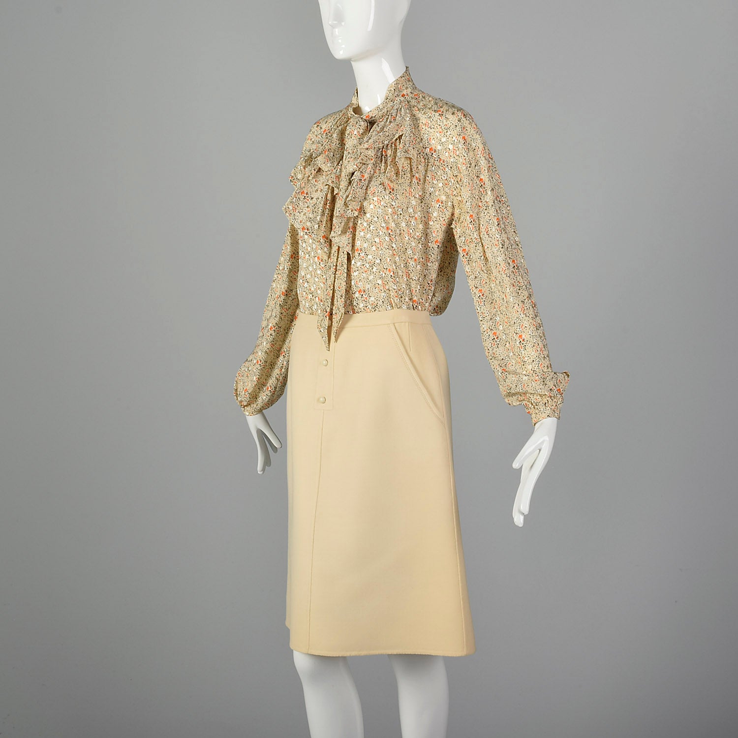 Small 1970s Andre Laug Cream Skirt Set with Blouse and Vest