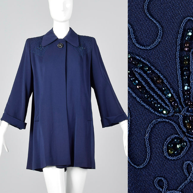 1940s Navy Blue Gabardine Swing Coat with Beading