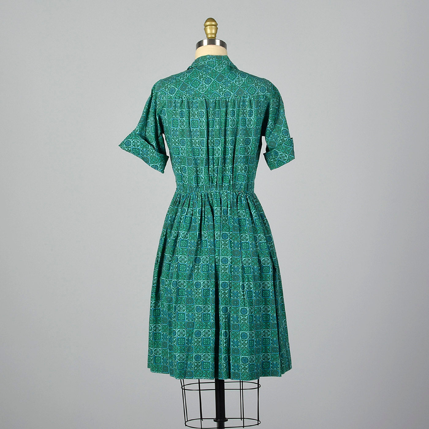 1950s Teal Print Cotton Day Dress
