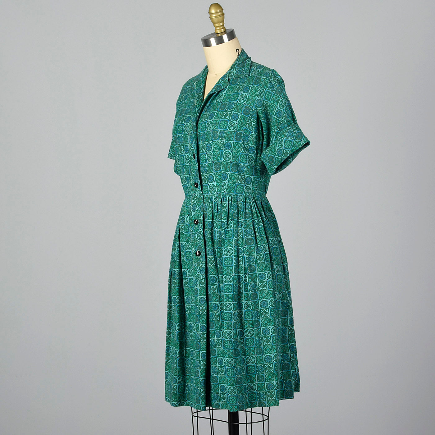 1950s Teal Print Cotton Day Dress