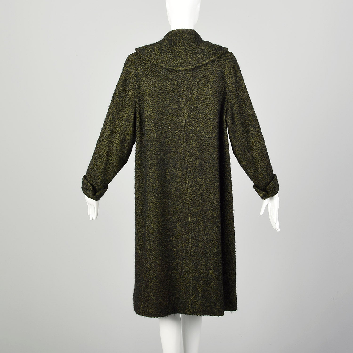 Large 1950s Swing Coat Green Boucle Wool Tweed Shawl Collar Vintage Winter Outerwear