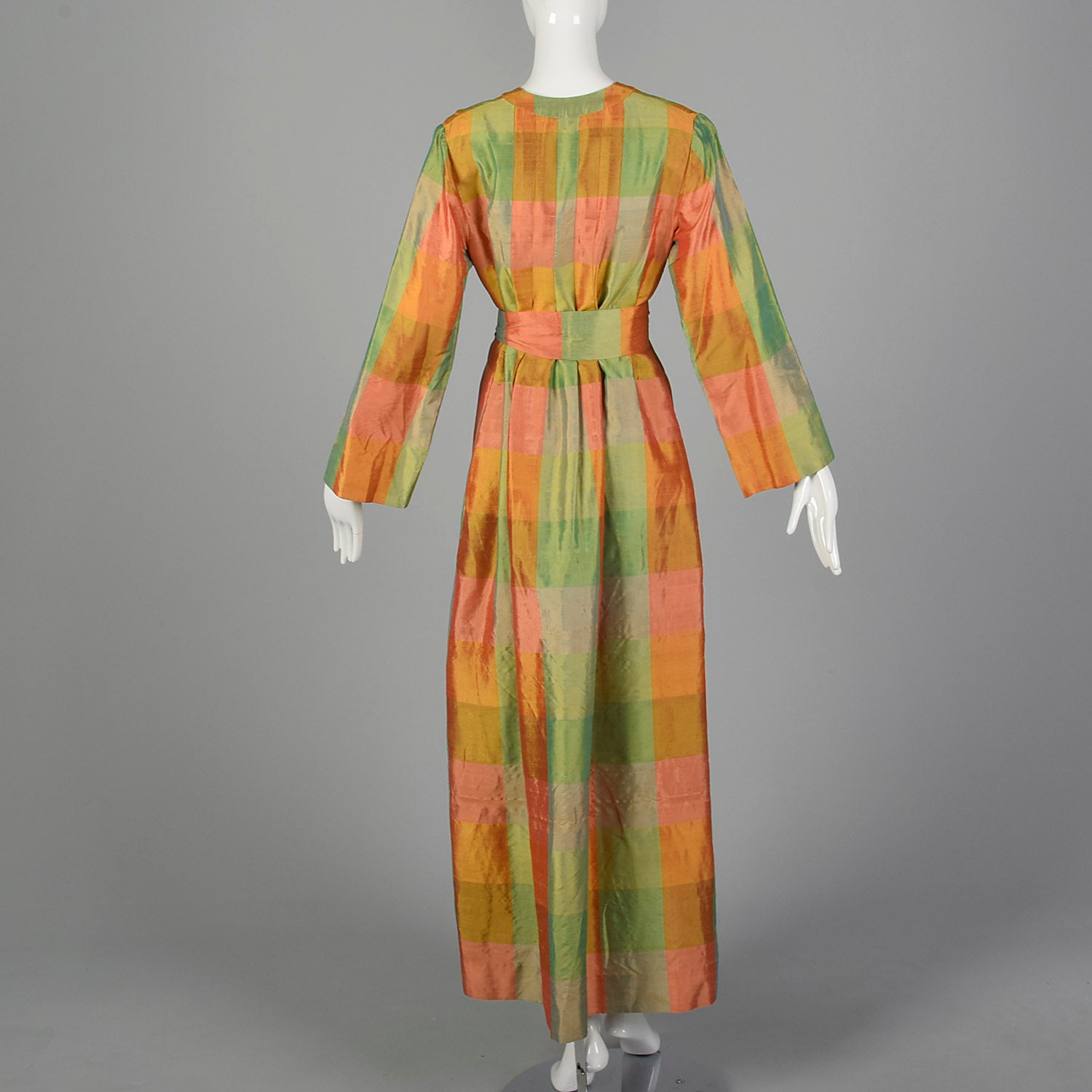 Medium Treacy Lowe 1970s Green and Orange Plaid Silk Maxi Dress