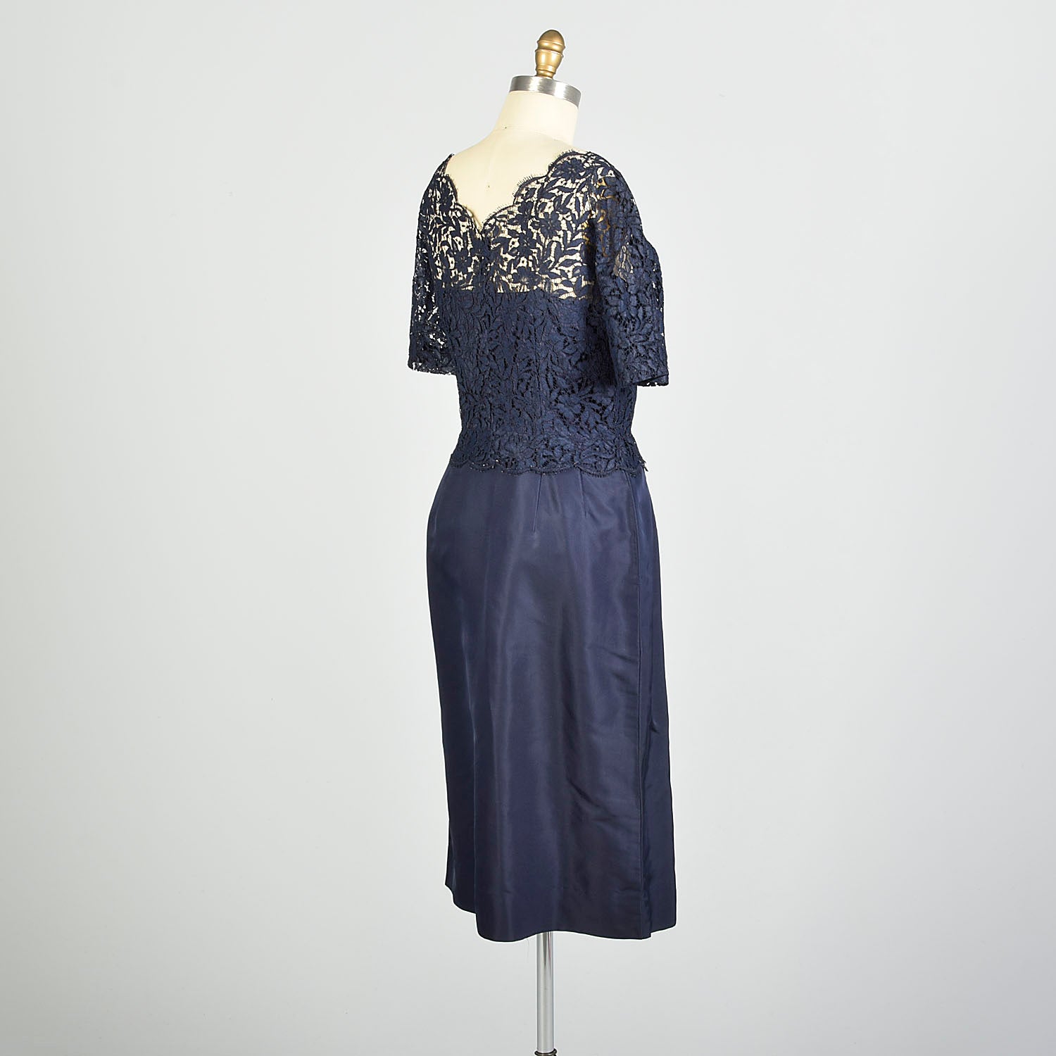Large 1950s Navy Blue Cocktail Dress Illusion Neckline Lace Taffeta Ev Style & Salvage Large 1950s Navy Blue Cocktail Dress Illusion Neckline Lace Taffeta Ev Style & Salvage