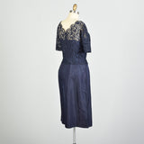 Large 1950s Navy Blue Cocktail Dress Illusion Neckline Lace Taffeta Evening Dress