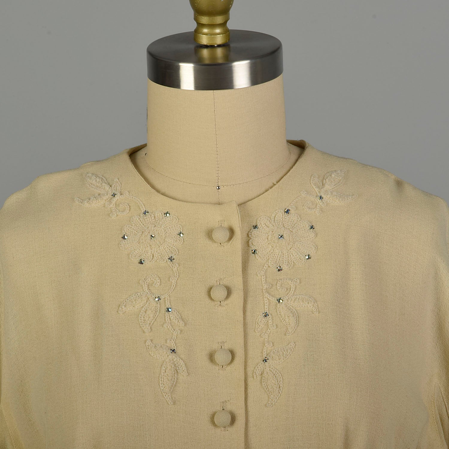 XL 1960s Dress Cream Classic Shirtwaist Rhinestone Wedding