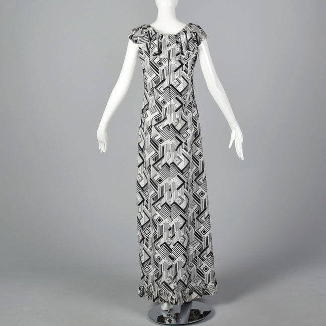 1970s Black and White Print Maxi Dress