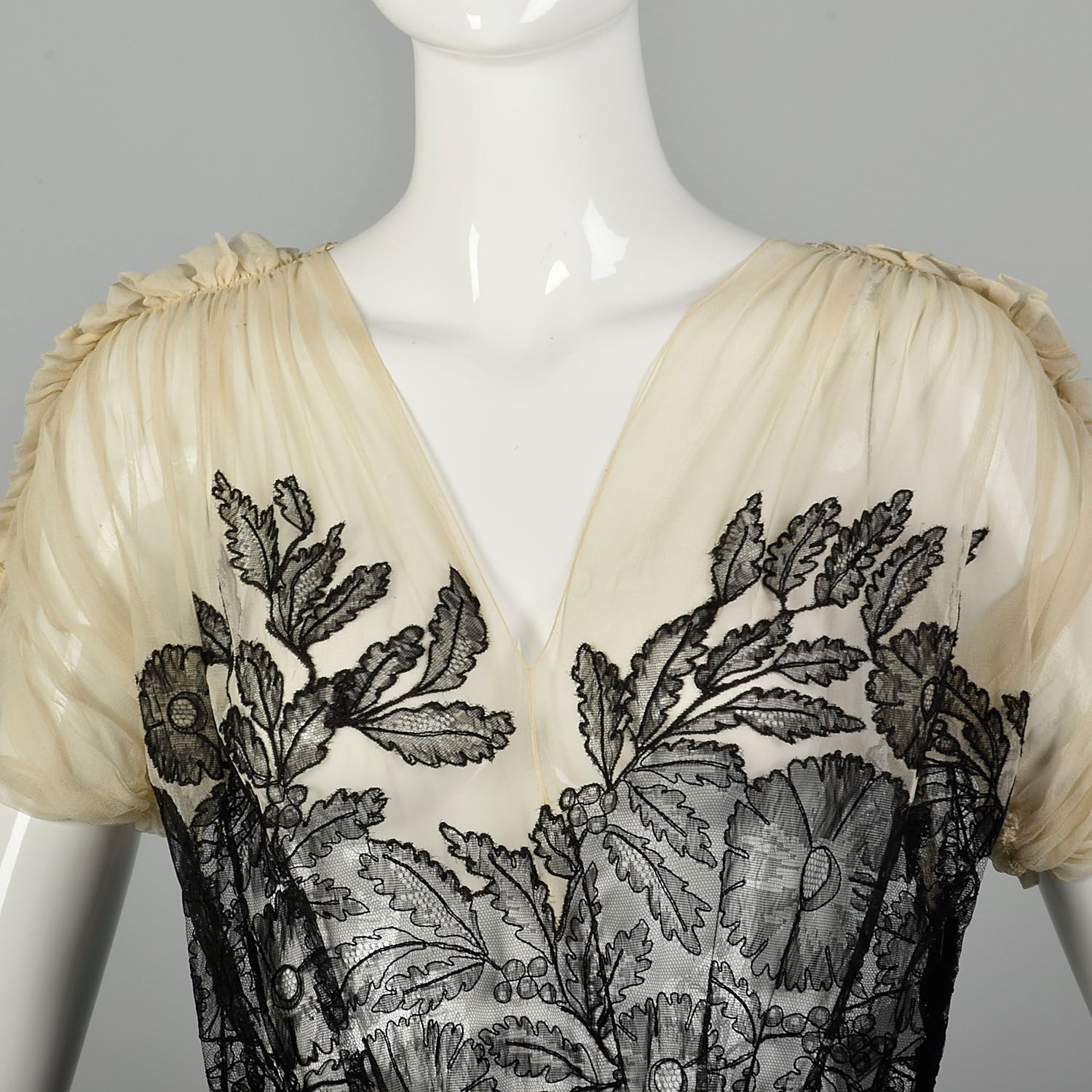 XS 1930s Old Hollywood Silk Gown Lace Black Ivory Panels Summer Sheer Flowy Sweeping Gown