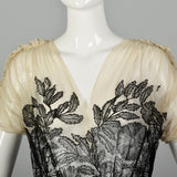 XS 1930s Old Hollywood Silk Gown Lace Black Ivory Panels Summer Sheer Flowy Sweeping Gown