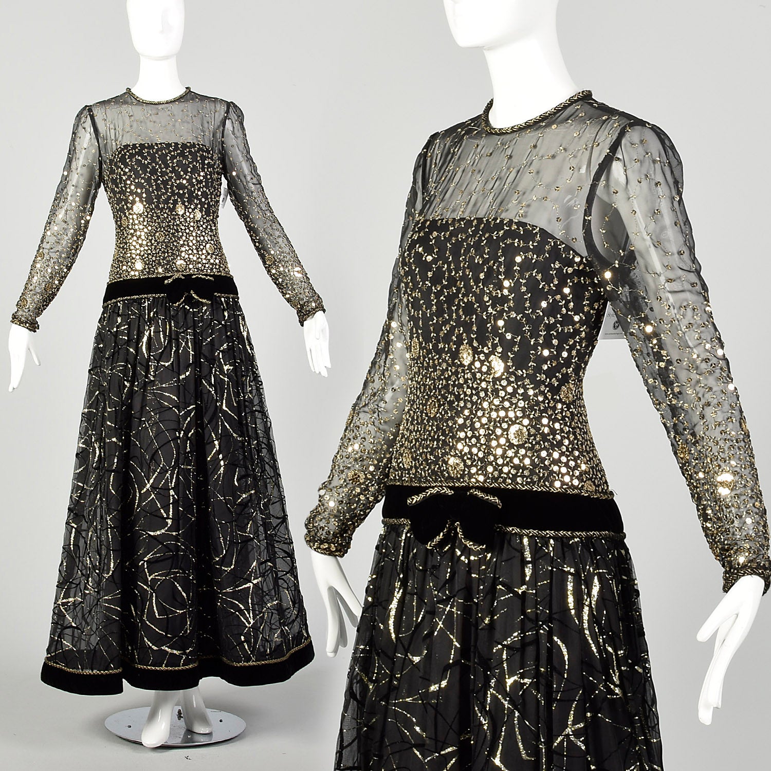 Small 1980s Dress Black Gold Sequin Formal Modest Long Sleeve Evening Gown