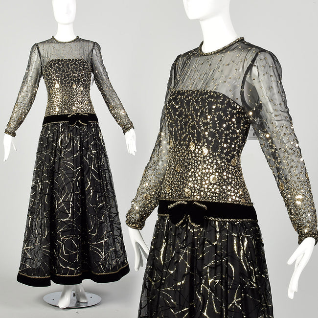 Small 1980s Dress Black Gold Sequin Formal Modest Long Sleeve Evening Gown