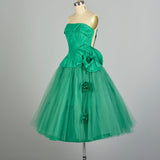 XS 1950s Kelly Green Tulle Prom Dress Strapless Taffeta Peplum Bodice Rose Embellishments