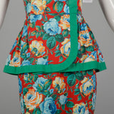 Small 1980s Off Shoulder Floral Peplum Dress Green Trim