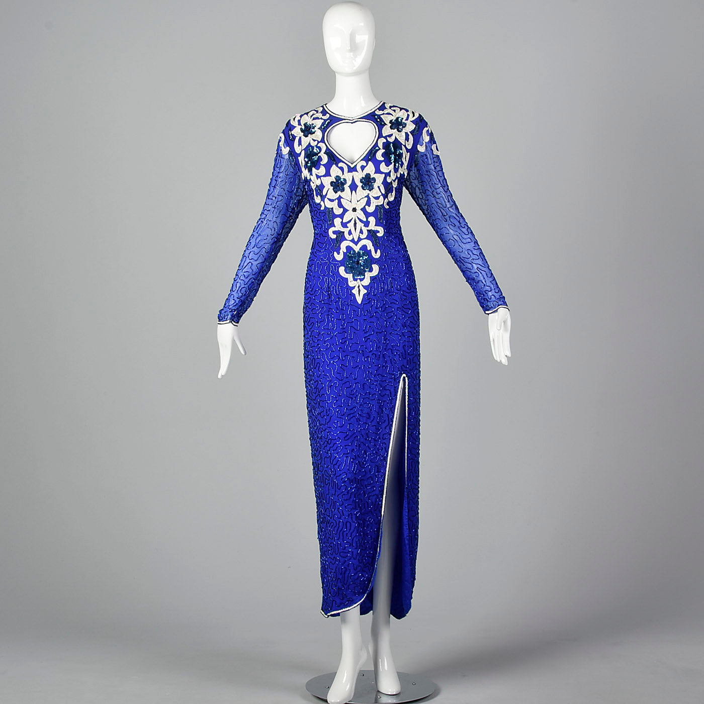 1980s Blue Beaded Evening Dress