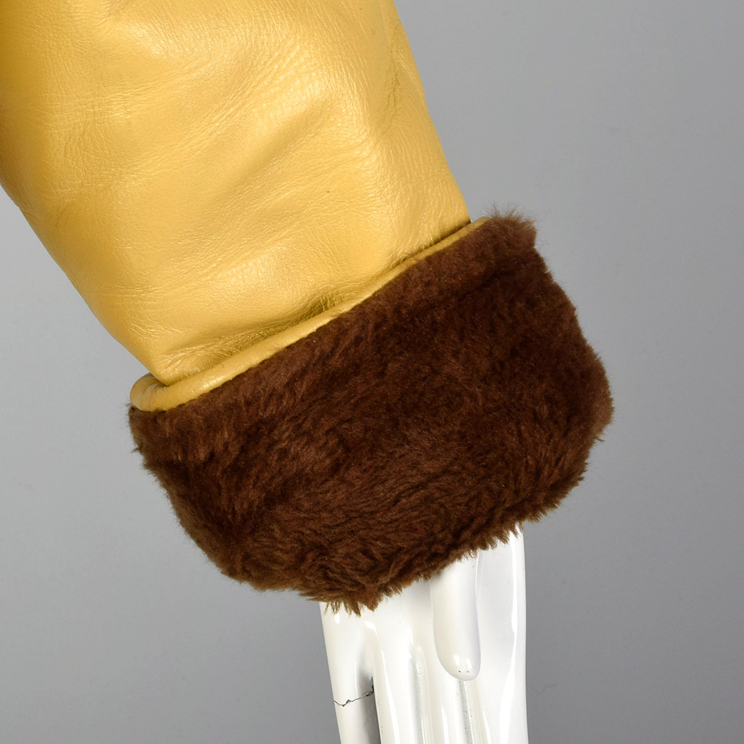 1960s Mustard Yellow Leather Jacket with Brown Faux Fur Trim