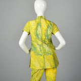 1960s Green and Yellow Print Tunic and Pants Set