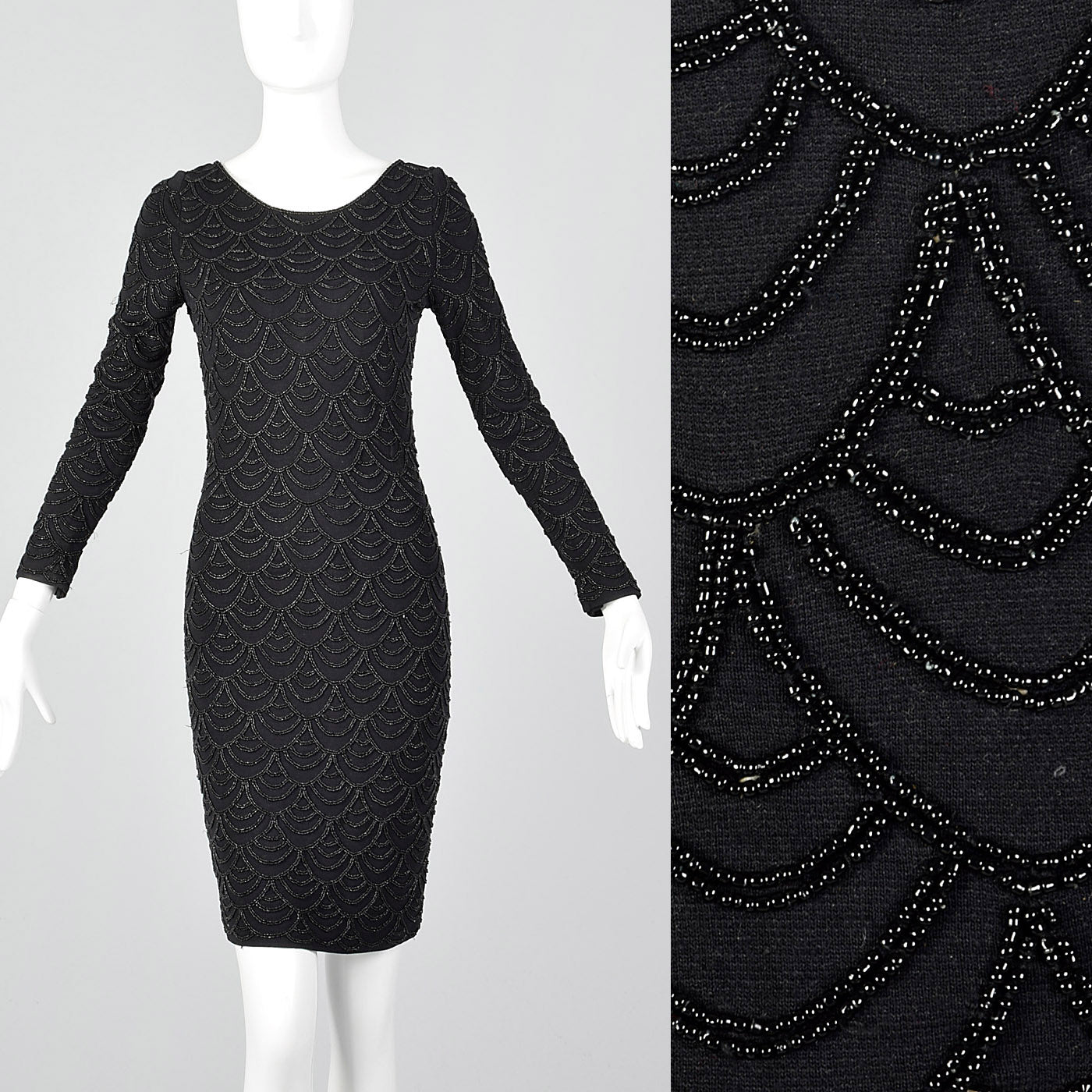 1990s Carmen Marc Valvo Black Knit Dress with Beading