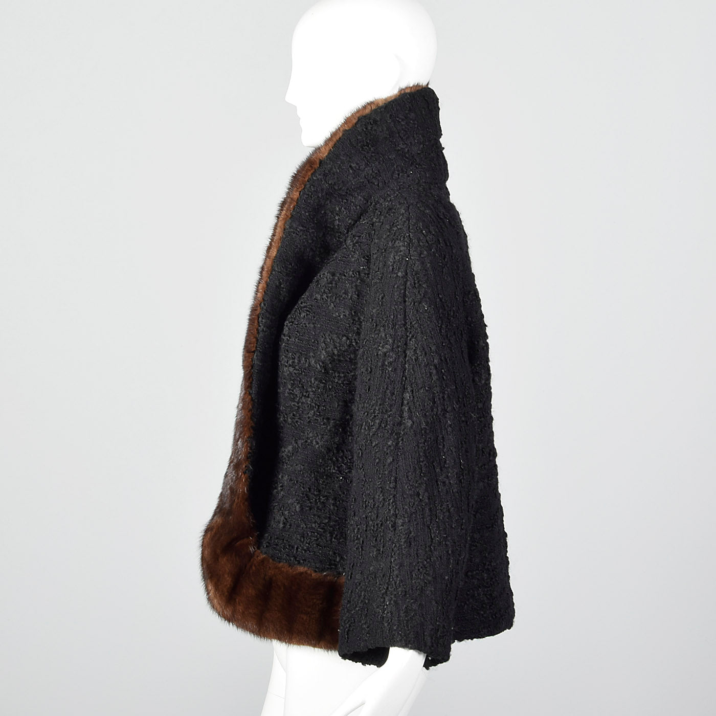 1950s Black Boucle Wool Coat with Mink Trim