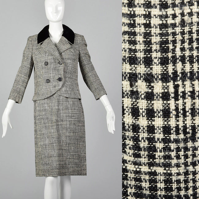 1960s Black Plaid Two Piece Skirt Suit with Velvet Collar