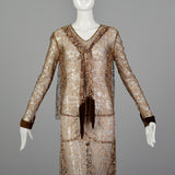 1930s XS Brown Lace Long Sleeve Drop Waist Velvet Trim Dress