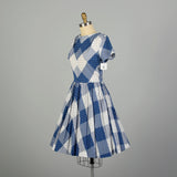 Medium 1950s Day Dress Blue Plaid Cotton Short Sleeve Fit and Flare Summer