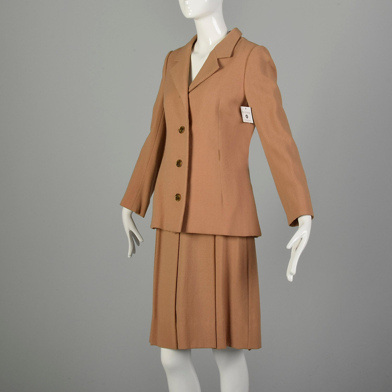Small 1970s Suit Minimalist Camel Pleated Skirt 2pc Blazer Ensemble