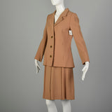 Small 1970s Suit Minimalist Camel Pleated Skirt 2pc Blazer Ensemble