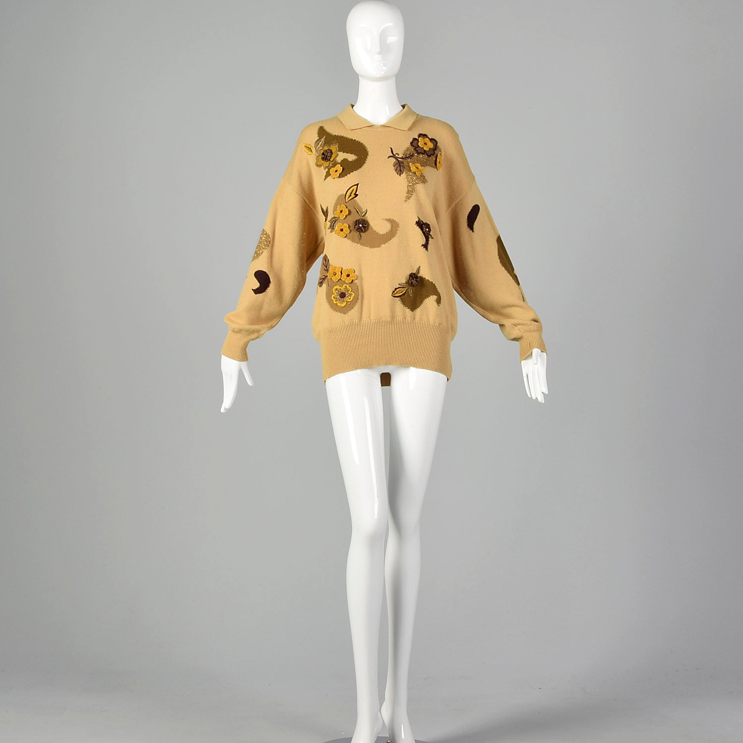 Large Escada 1980s  Tan Brown Sweater with Floral Appliques