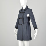 XXS 1960s Coat Blue Wool Babydoll Mod Black Military Trim Winter Heavyweight Winter Coat