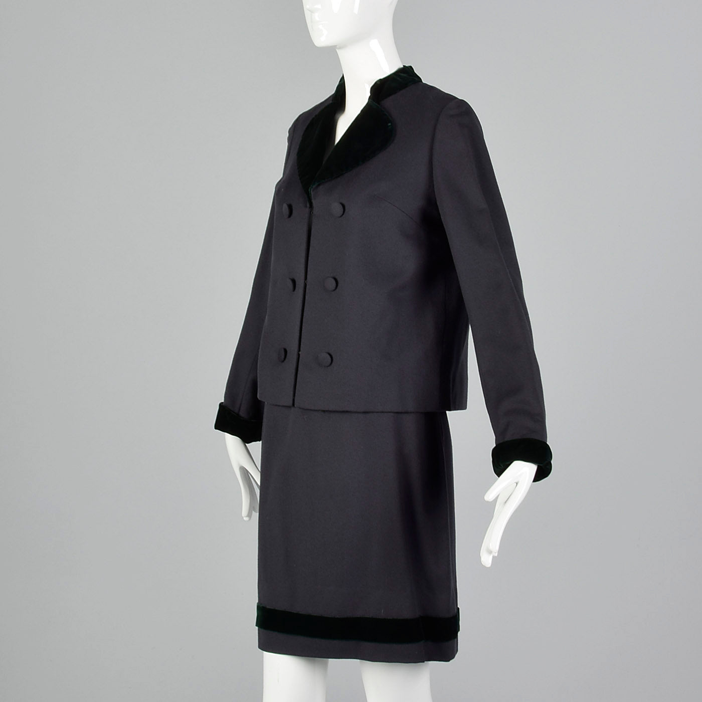 1960s Gray Wool Skirt Suit with Green Velvet Trim