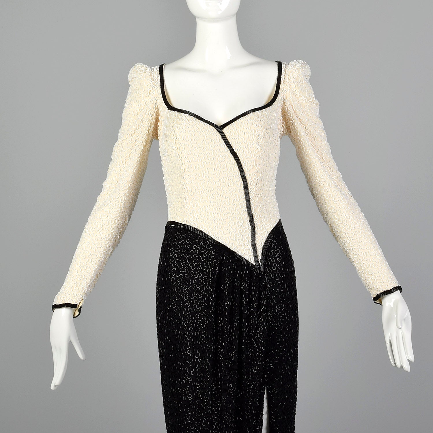 XS Lillie Rubin 1970s Black and White Beaded Gown