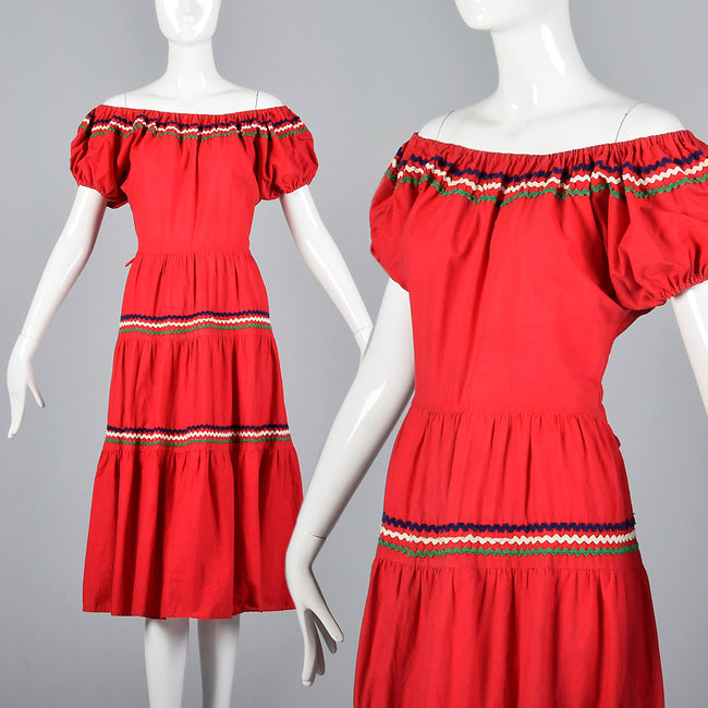 1950s Bohemian Off Shoulder Dress in Red Cotton
