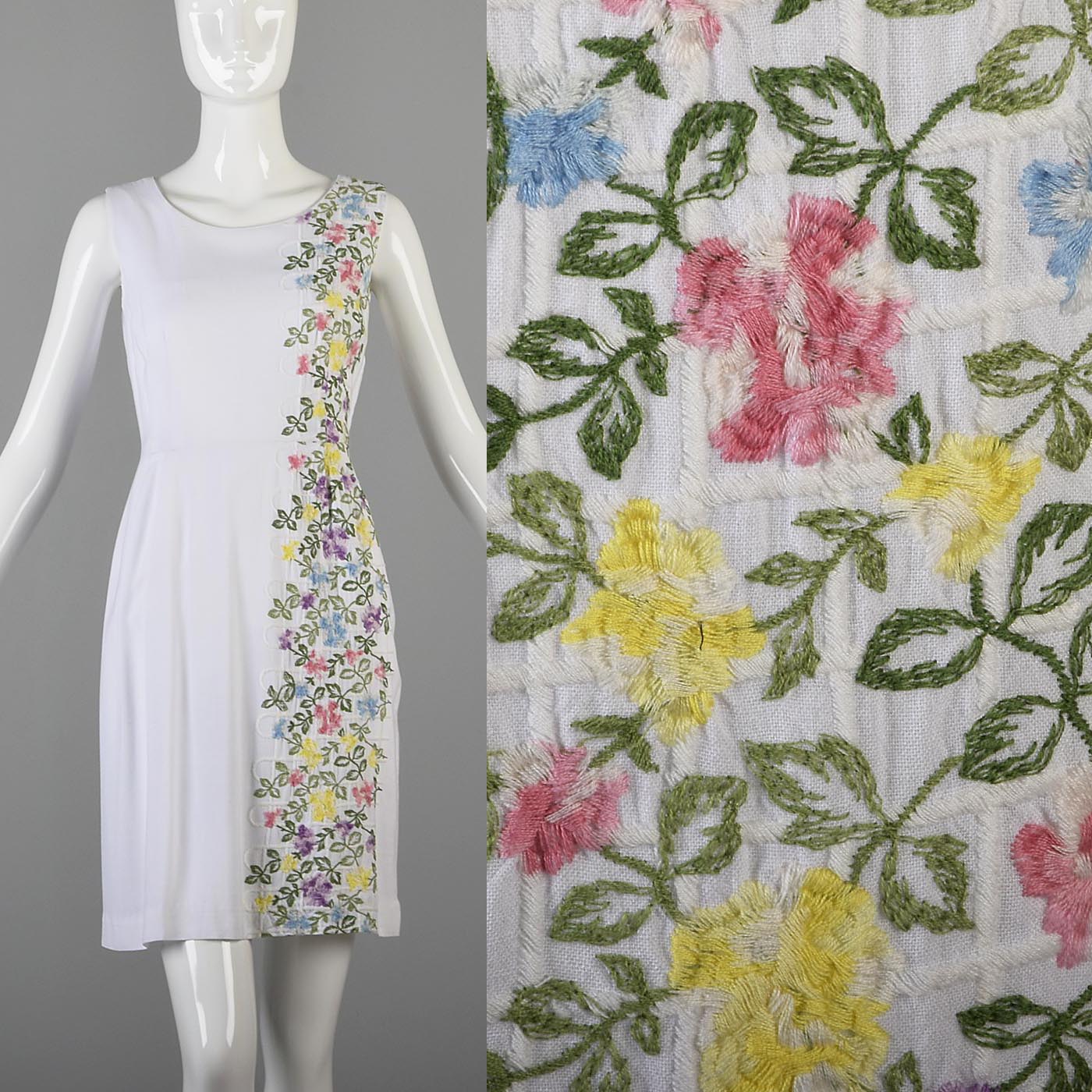 1950s White Day Dress with Floral Embroidery