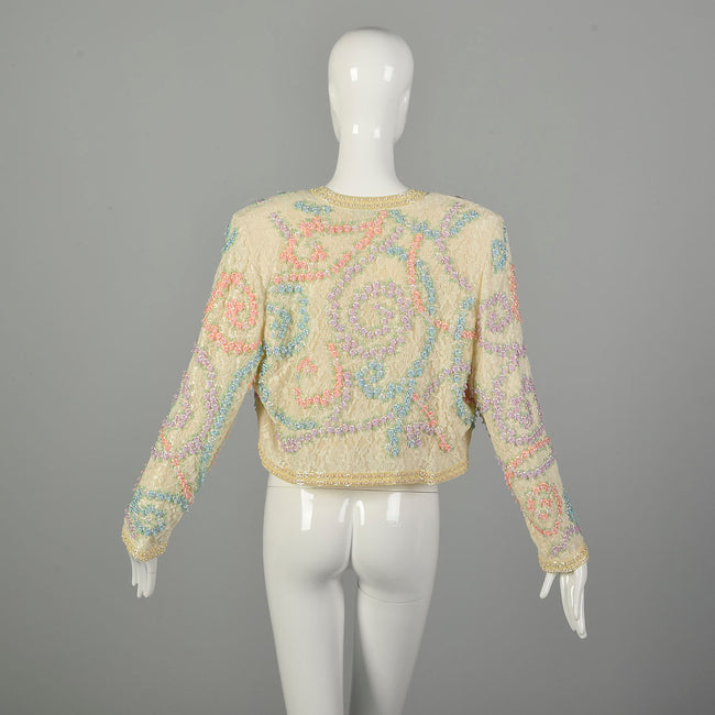 Medium 1980s Diane Freis Beaded Lace Jacket Spring Pastel Bolero