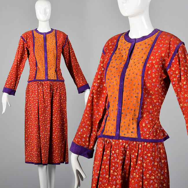1970s Mario Valentino Suede Leather Two Piece Set with Silk Screen Floral Print
