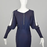 Small 1930s Blue Dress Bias Cut Rhinestone Slit Long Sleeve Evening Gown