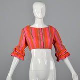 1970s Stripe Crop Top with Ruffle Sleeves