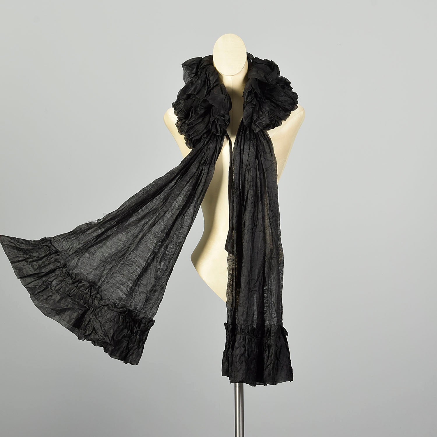 OSFM 1880s Victorian Black Chiffon Neck Ruffle Scarf Lappet Collar Ruff