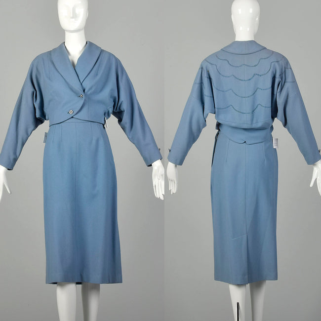 Small 1950s Blue Wool Skirt Suit Dolman Sleeve Theatre Costume Damaged As Is Set