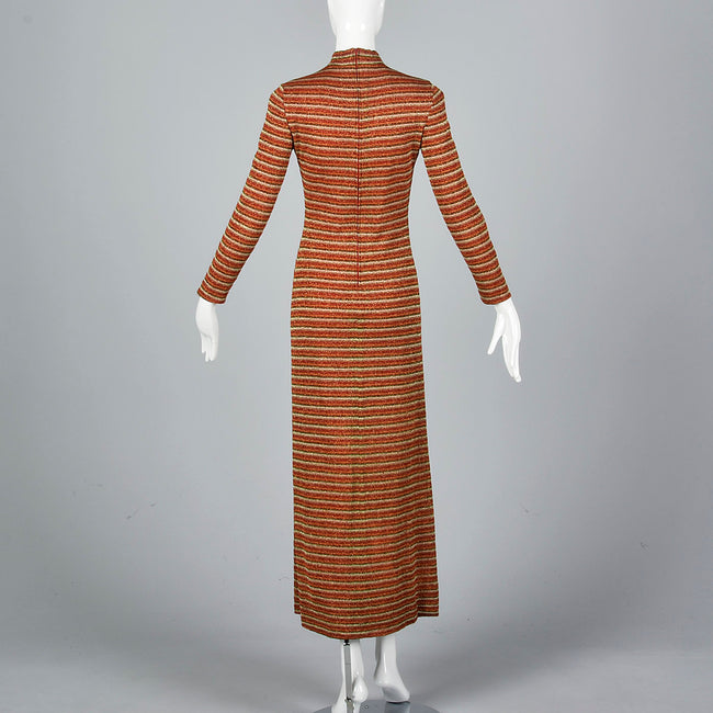 1970s Mollie Parnis Boutique Metallic Stripe Knit Maxi Dress