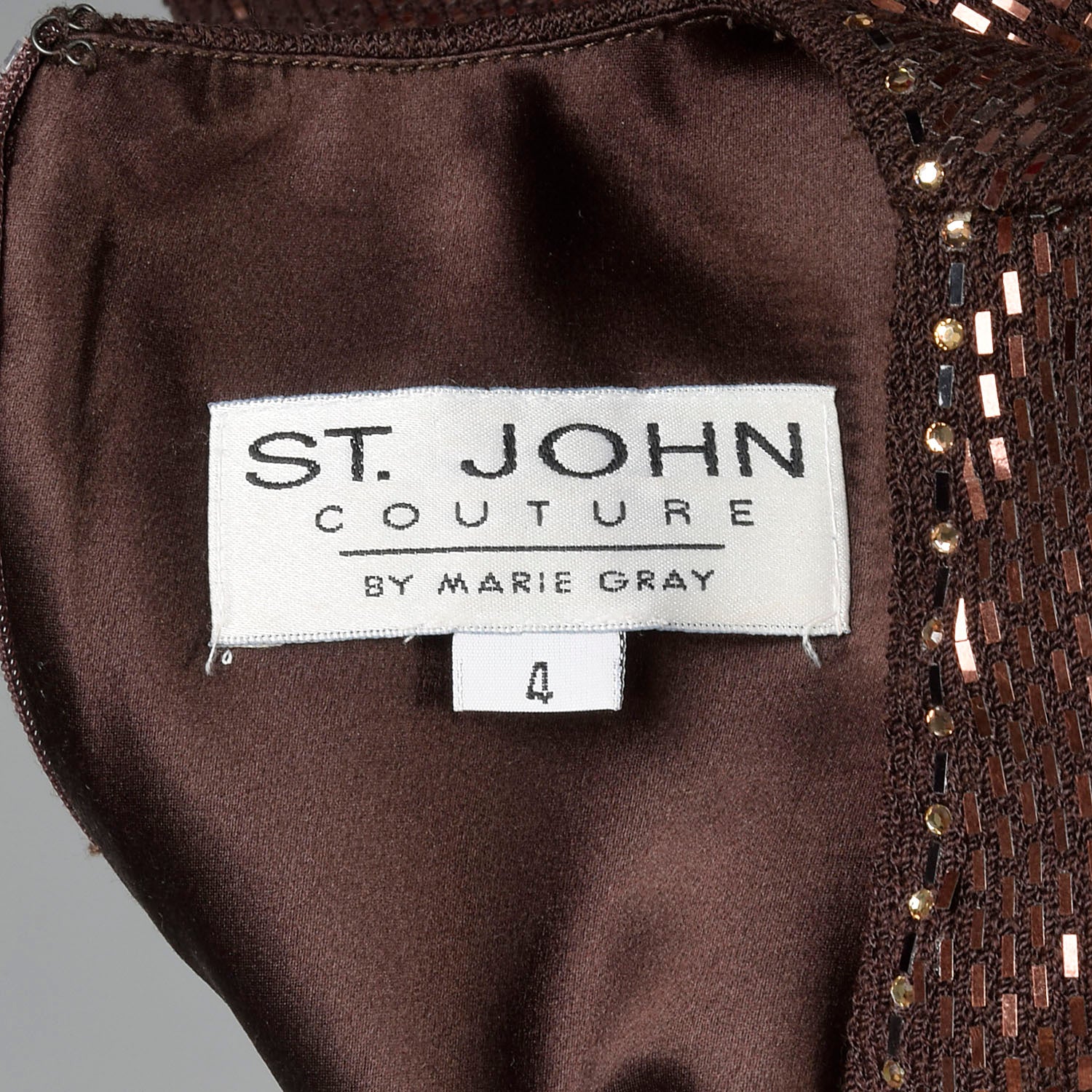 XS St John Couture Cocktail Mini Dress Designer Sleeveless Knit Brown Paillettes
