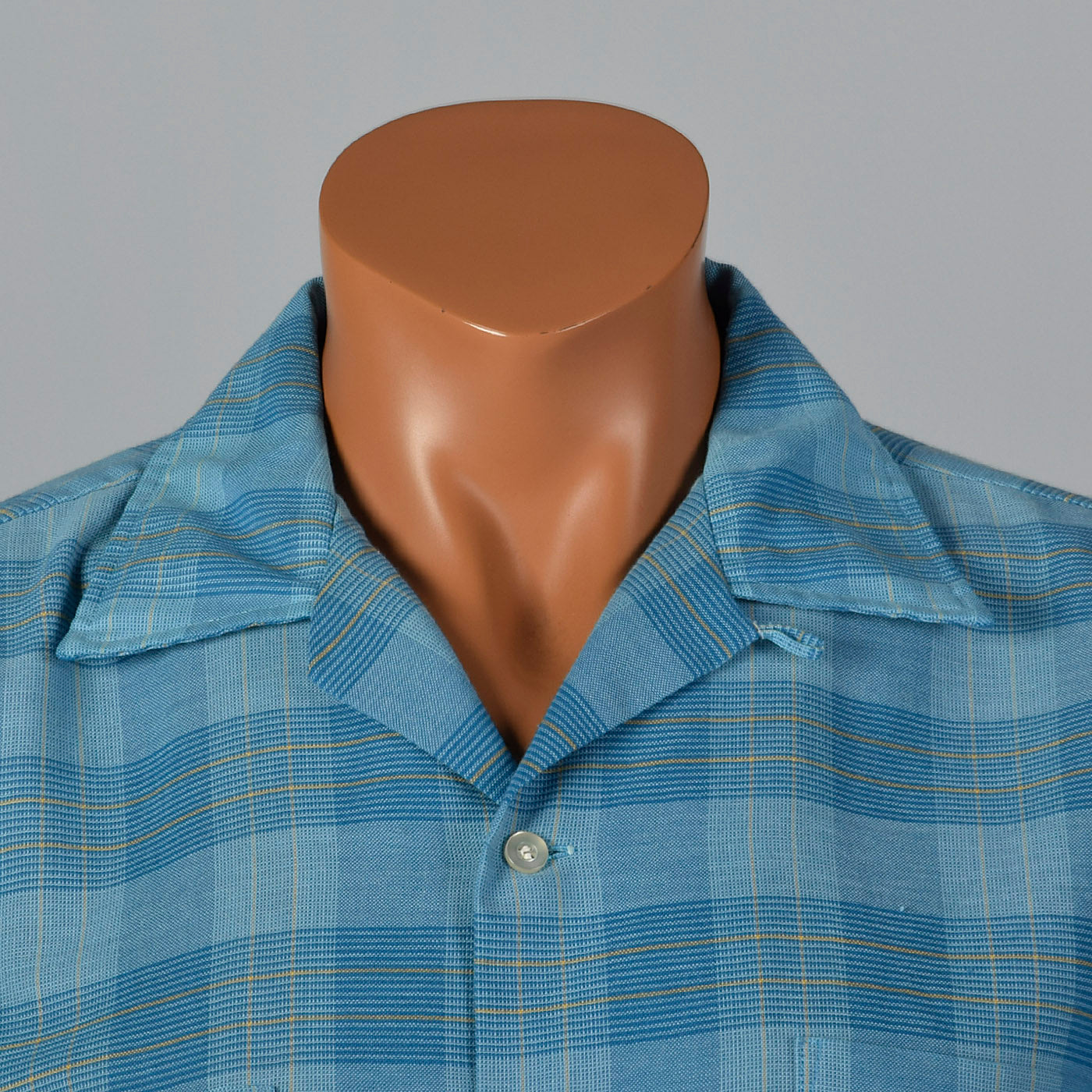 1960s Mens Blue Plaid Shirt with Loop Collar